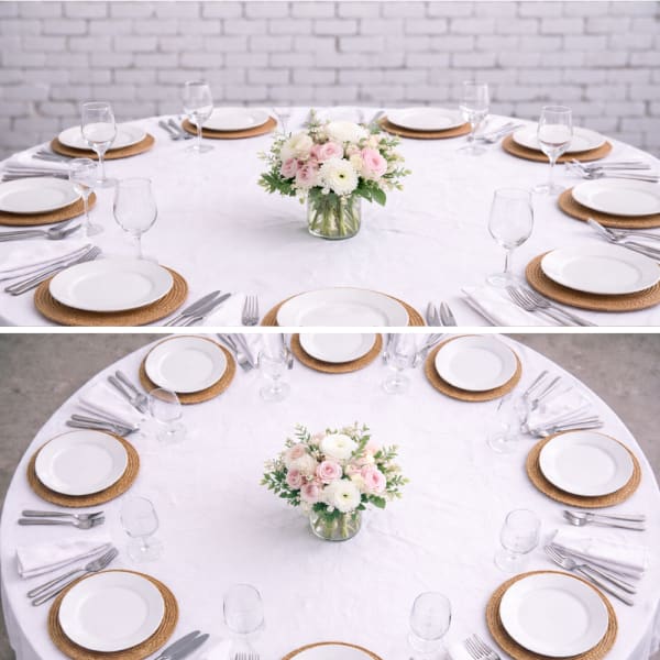 Round table centerpiece with pink and white flowers in a glass vase