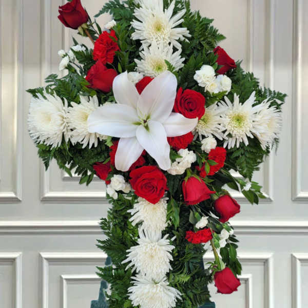 Red and White Cross on Easel 30 inch