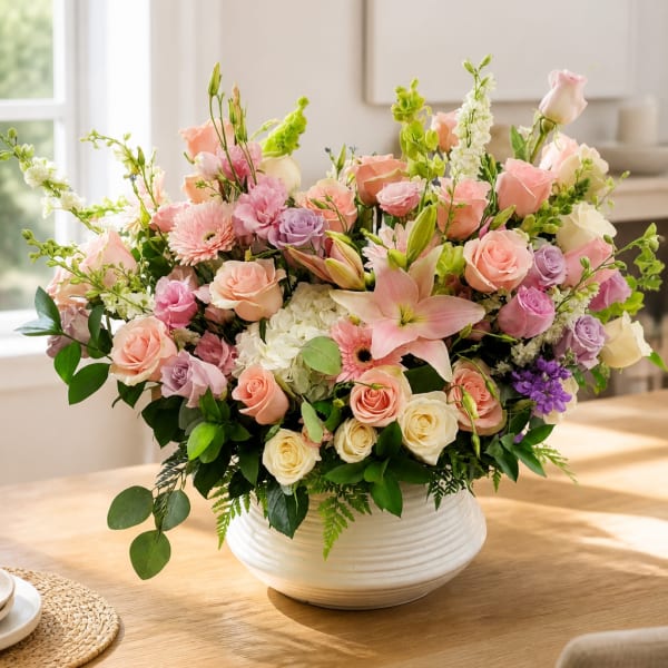 Large pastel flower arrangement in a white bowl vase on a table