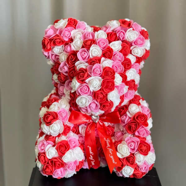 Faux Red, Pink and White Rose Teddy Bear