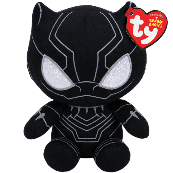 Black superhero plush toy with silver eye details and a red heart tag