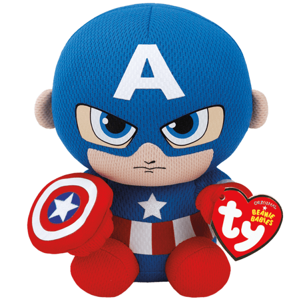 Captain America plush toy holding a shield and TY heart tag