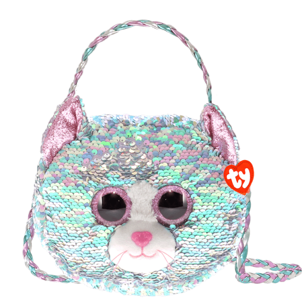 Sequin cat-shaped purse with braided strap and pink ears