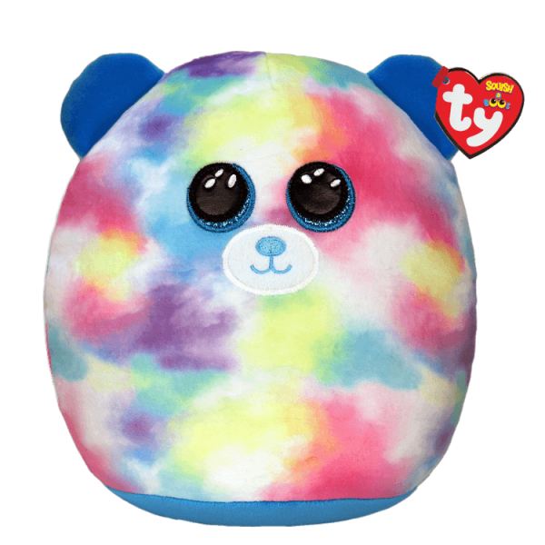 Rainbow tie-dye plush bear with blue ears and a heart tag