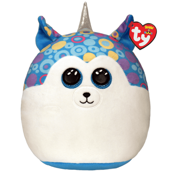 Plush blue-and-white animal toy with a silver horn and heart tag