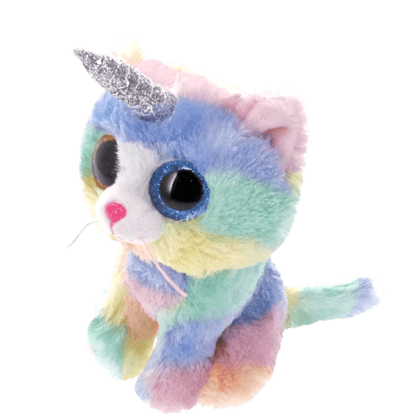 Pastel rainbow plush cat with a silver horn and large glittery eyes