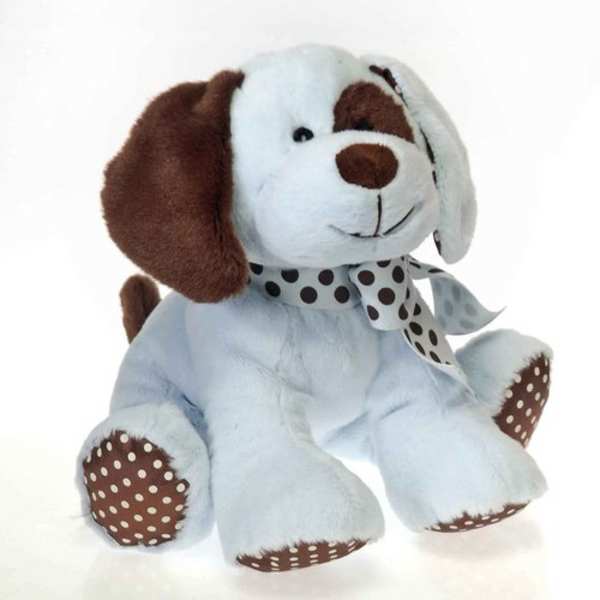 Plush dog with brown and white fur and a polka-dot scarf