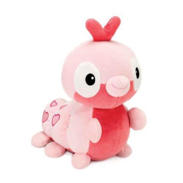 Pink plush bird with heart details on a white background