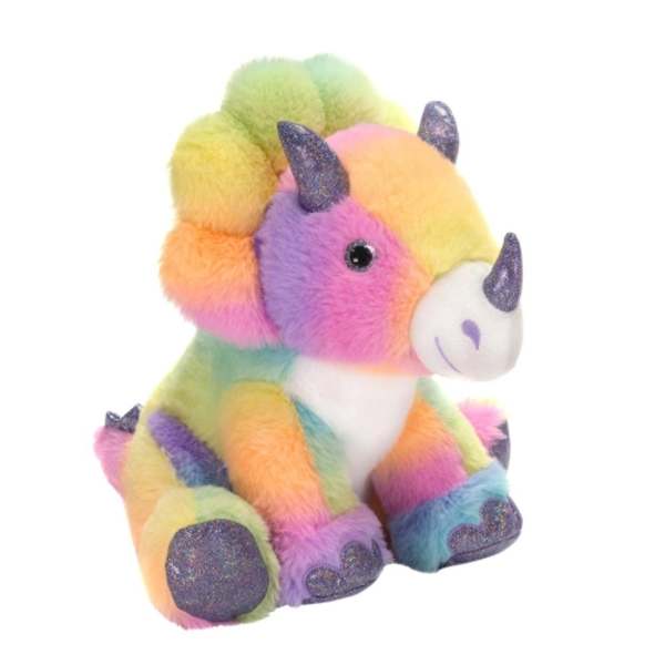 Rainbow plush unicorn toy with glittery horns and hooves