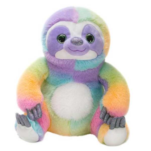 Rainbow plush sloth toy with a white belly and large eyes