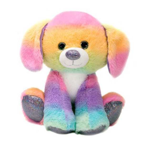 Rainbow plush dog with glittery paws sitting on a white background
