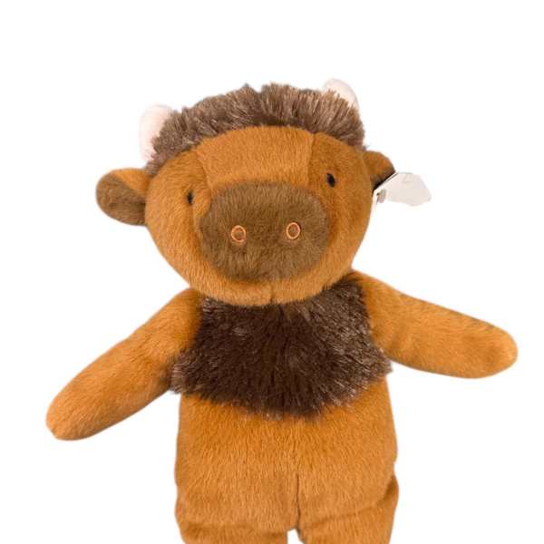 Plush buffalo toy with brown fur and outstretched arms