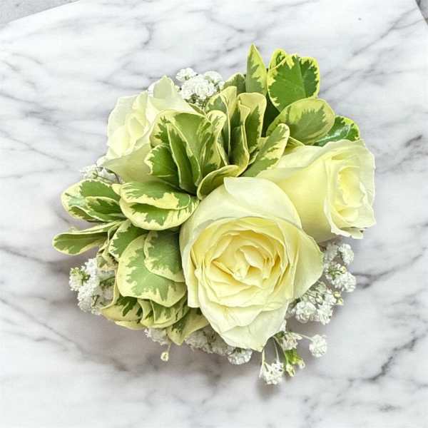 Small bouquet of cream roses with variegated green foliage and baby's breath