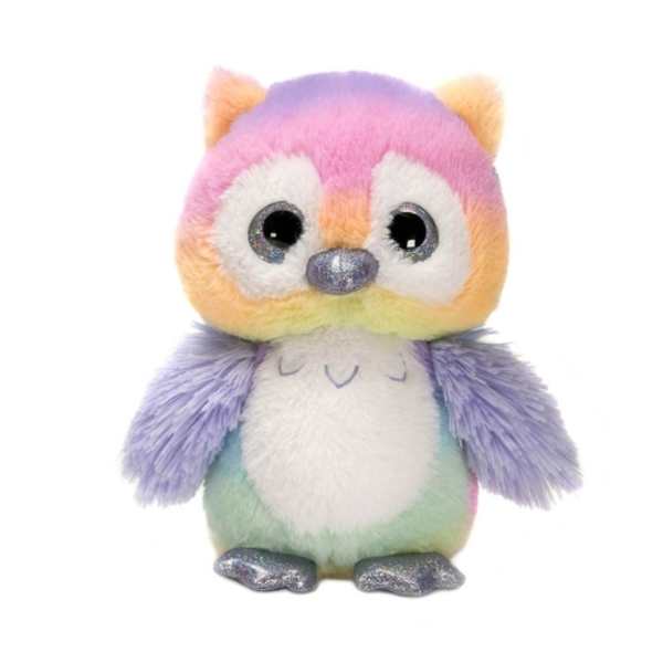 Rainbow plush owl toy with glittery eyes and feet