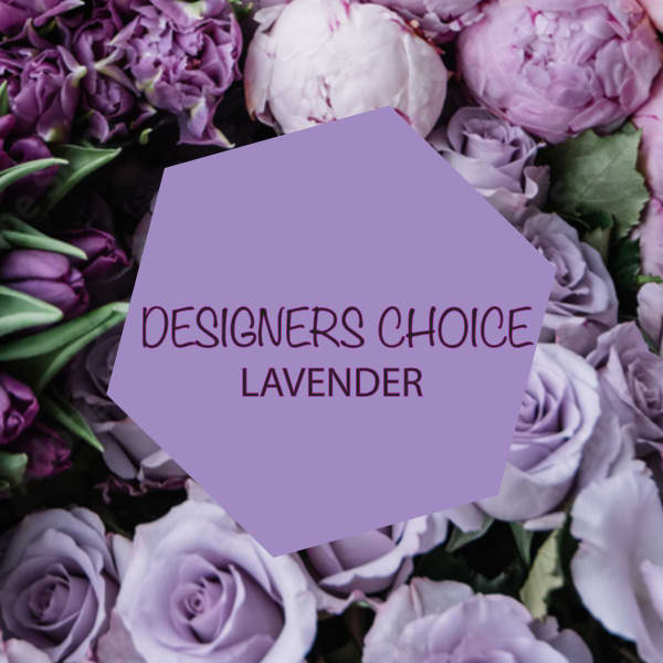 Lavender roses and purple flowers with a lavender label in the center.