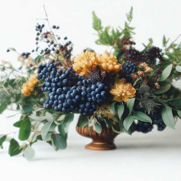 Low floral arrangement with blue berries, yellow blooms, and greenery in a bronze vase.