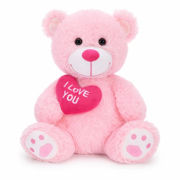 Pink teddy bear holding a heart that says I Love You