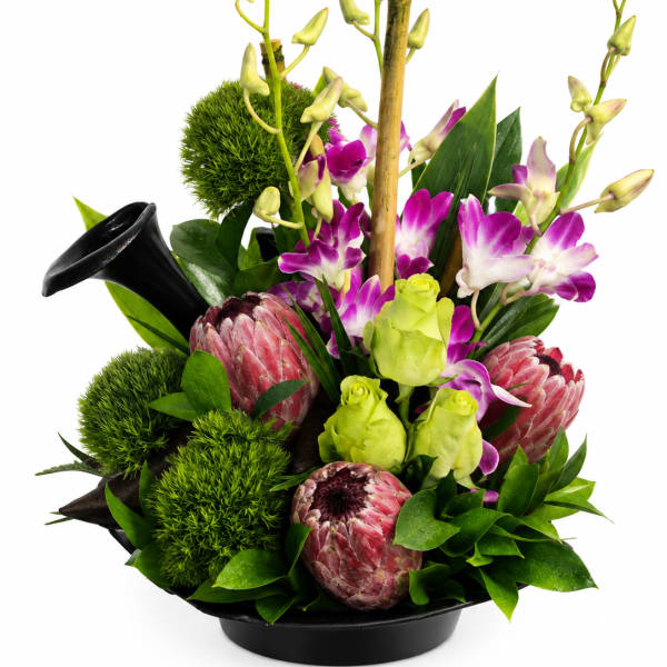 Tropical bouquet with purple orchids and pink protea in a black vase