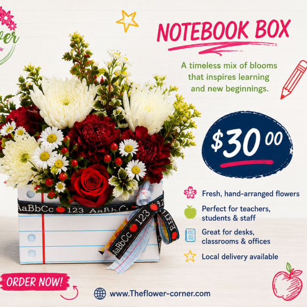 Notebook-shaped box with a mixed flower arrangement in red, white, and yellow