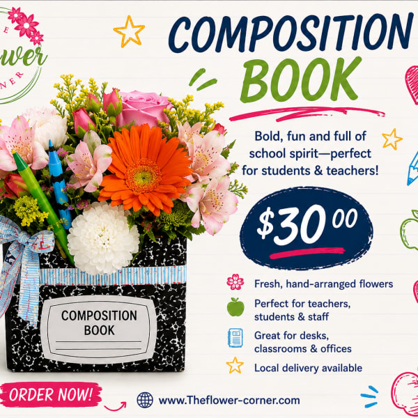 Flower arrangement in a composition book-shaped container with a ribbon bow