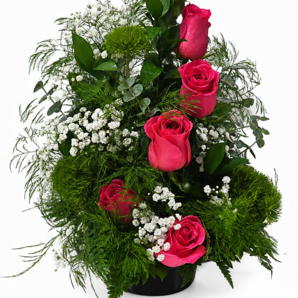 Tall arrangement of hot pink roses with white baby's breath in a black vase