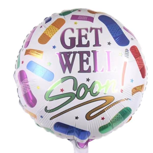 Round foil balloon with colorful bandage graphics and "GET WELL SOON" text