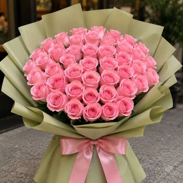 Large bouquet of pink roses wrapped in pale green paper with a pink ribbon