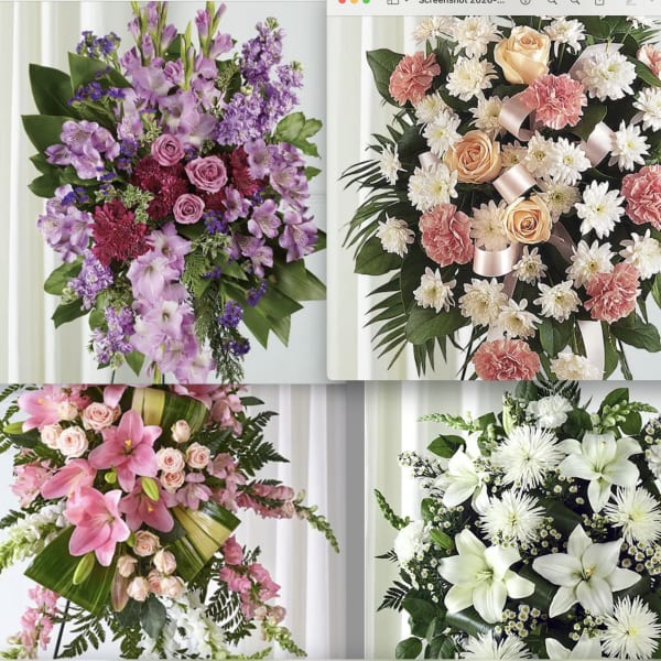 Collage of four floral standing sprays in pink, purple, peach, and white