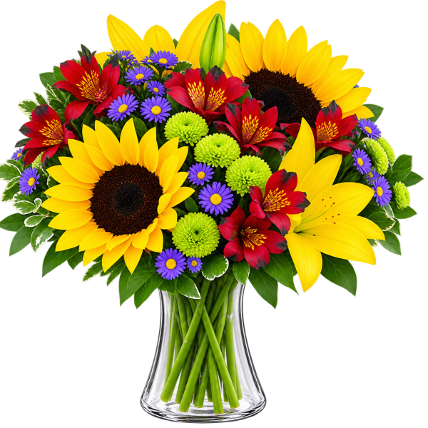 Bouquet of sunflowers, red alstroemeria, and purple daisies in a clear glass vase