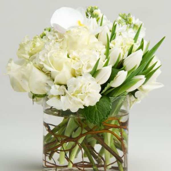 White flowers arranged in a clear glass vase with twisted branches