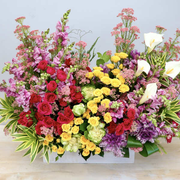 Large rectangular arrangement of bright pink, yellow, red, and white flowers in a white container