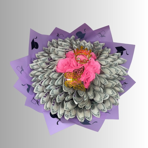 Bouquet of pink roses made with folded dollar bills and purple wrapping