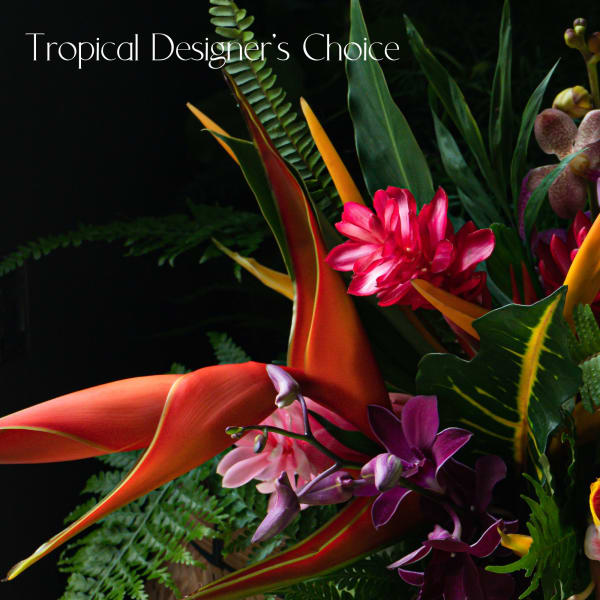 Tropical arrangement with orange heliconia and pink orchids