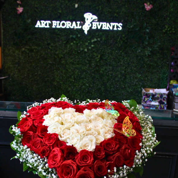 Heart-shaped bouquet of red and white roses with baby’s breath
