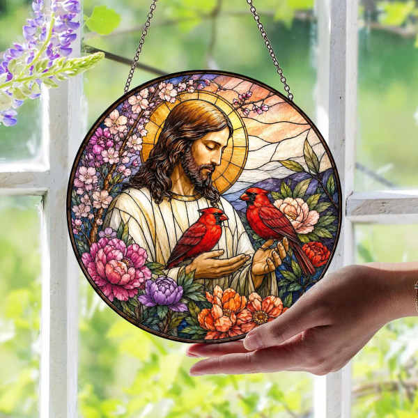 Round stained-glass-style hanging panel with Jesus, flowers, and two red birds