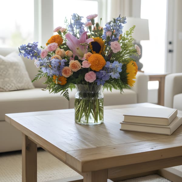 Mixed bouquet of pastel flowers in a glass vase on a coffee table