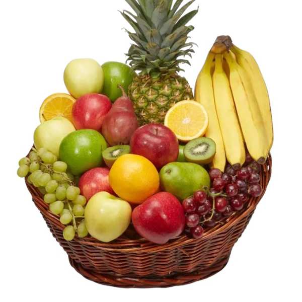 Fruit basket with pineapple, bananas, apples, grapes, kiwi, and citrus