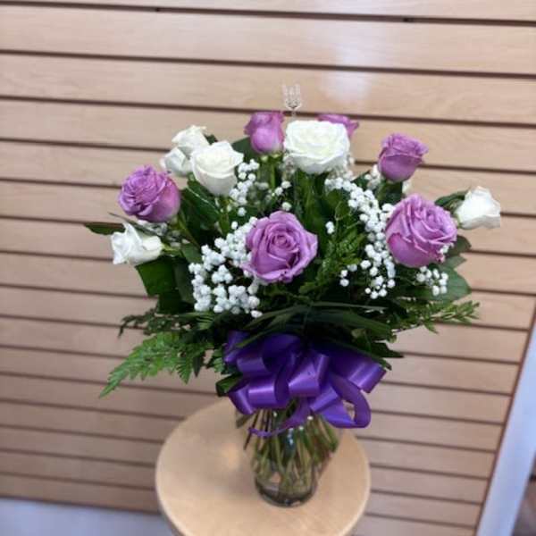 Dozen White and Lavender Roses