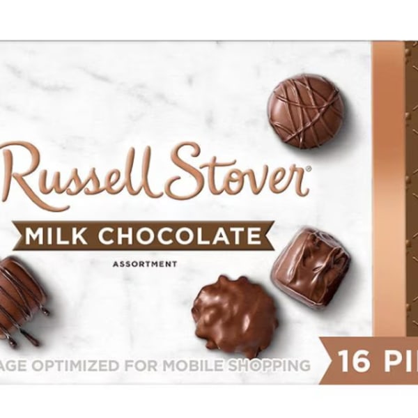 Box of Russell Stover milk chocolate assortment with a ribbon graphic