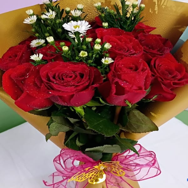 1 dozen elegant red roses wrapped in korean paper with decorations