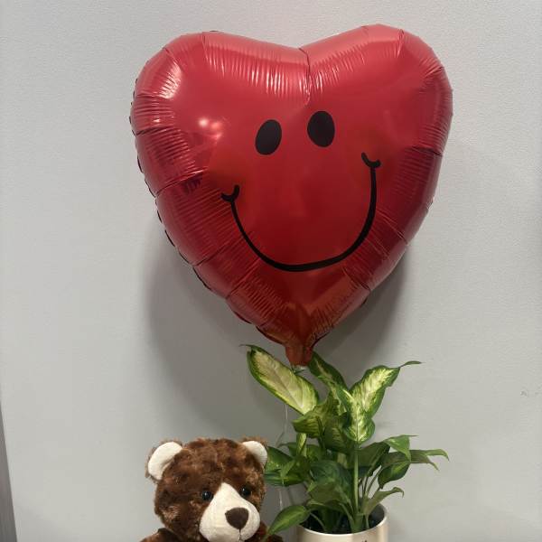 Heart-shaped smiley balloon with a teddy bear and potted plant