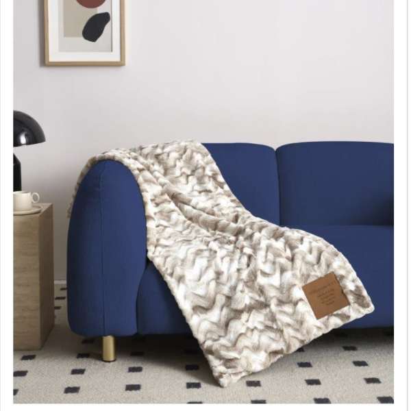 Patterned throw blanket draped over a blue sofa