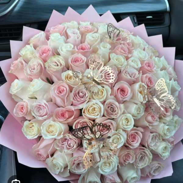 100 Roses pink and white with decorations bouquet