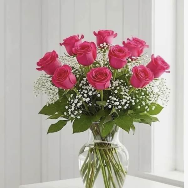 12 Hot pink Roses