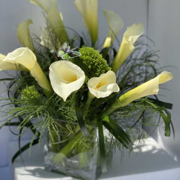 Arrangement of pale yellow calla lilies in a clear glass vase