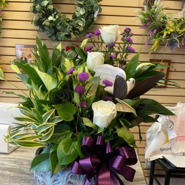 10" Potted Dishgarden Accented with White Roses and Dove (pot color and bow will vary)