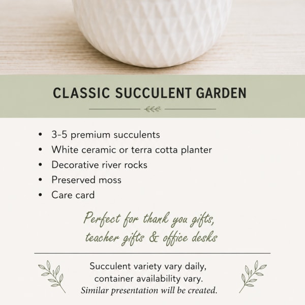 Succulent arrangement in a white ceramic pot with decorative stones