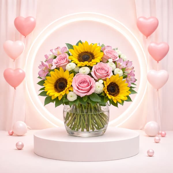 Pink roses and sunflowers in a glass vase with heart balloons