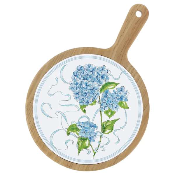 Round wooden paddle board with blue hydrangea floral print