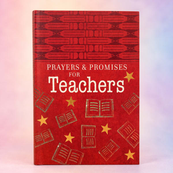 Red book titled "Prayers & Promises for Teachers"